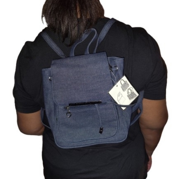 Women's Blue Canvas Drawstring Backpack Purse - Picture 9 of 9